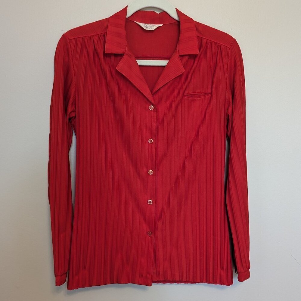VINTAGE Sears 1970s long sleeve red stripe blouse 14 hippie chic